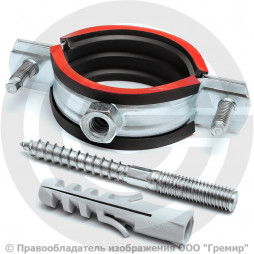 Хомут крепежный оцинкованный с резиновой прокладкой Ду-80 (Дн 87-94) (3") М8 в/к винт-шуруп, дюбель