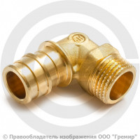 Угольник аксиальный латунный для PE-X труб Дн 20-3/4" НР (НАР) РОС