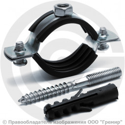 Хомут крепежный оцинкованный с резиновой прокладкой Ду-32 (Дн 38-43) (1 1/4") М8 в/к винт-шуруп дюбель Strongman