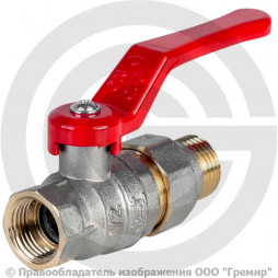 Кран латунный Ду-25 (1") Ру-40 ВР-"Американка" никель полнопроходной рычаг красный Dist Эксперт