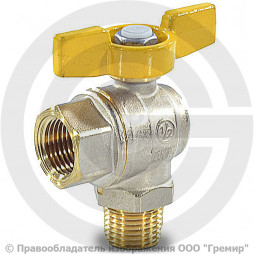Кран газ угловой Ду-15 (1/2") Ру-5 ВР-НР (ВН-НАР) никель полнопроходной бабочка Giacomini R780